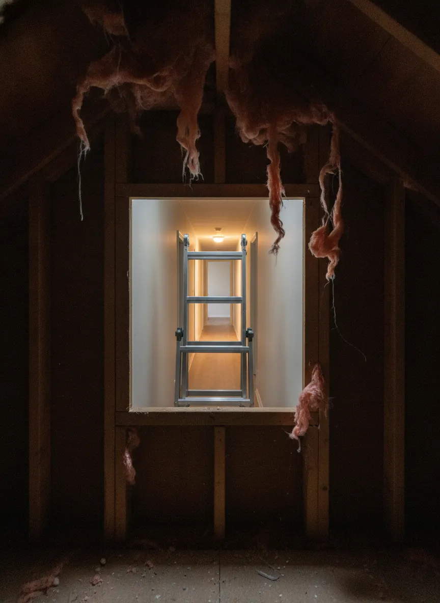 Looking down through an open attic hatch into a warm hallway, ladder in place