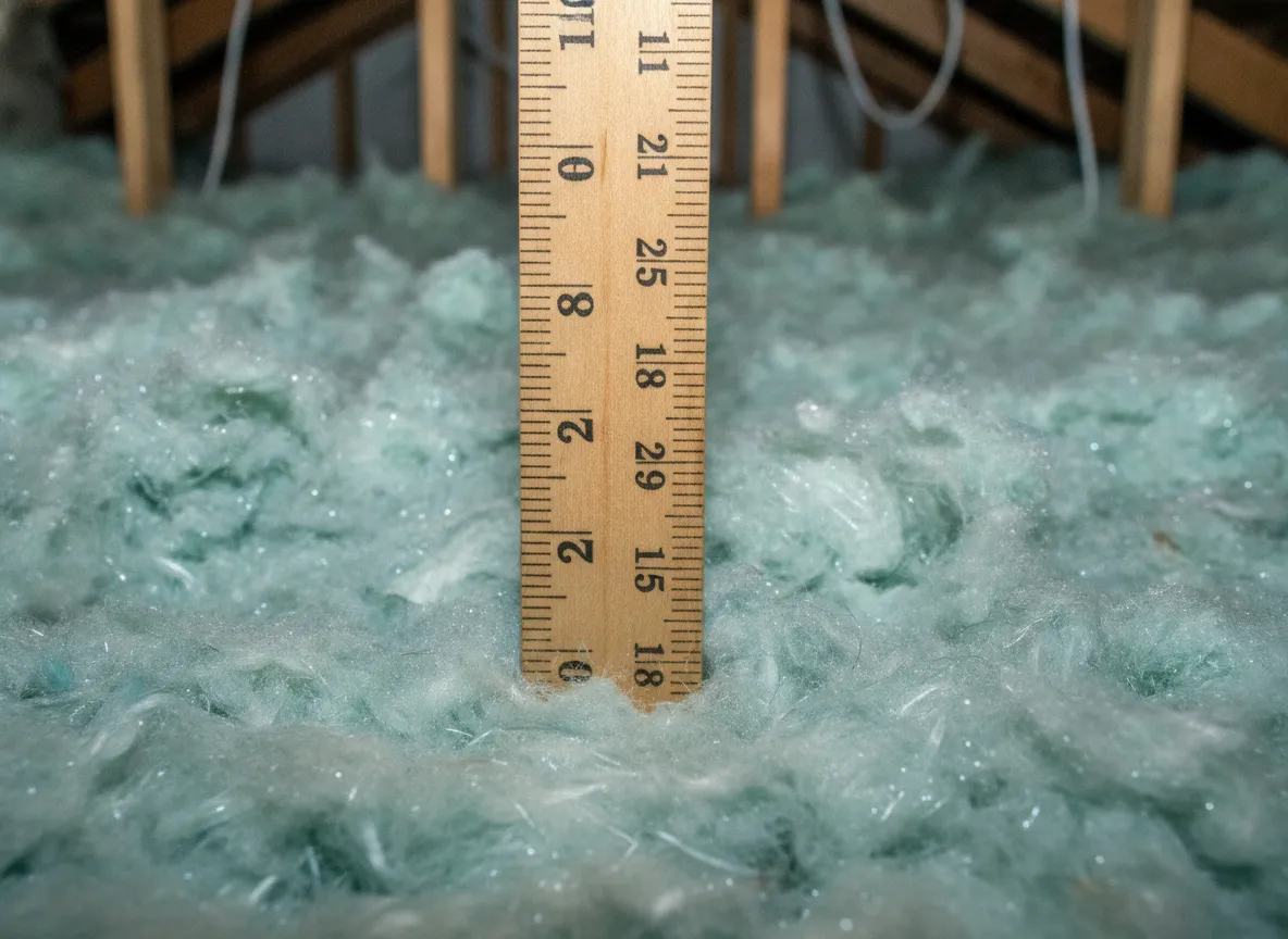 Inspection documentation photo: a depth ruler standing in deep blown-in attic insulation