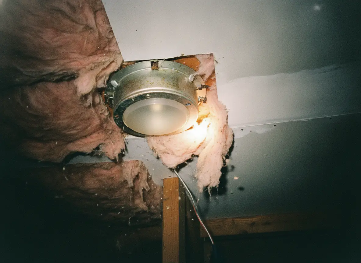 Raw photo: light leaking up around an old pot light housing seen from the attic