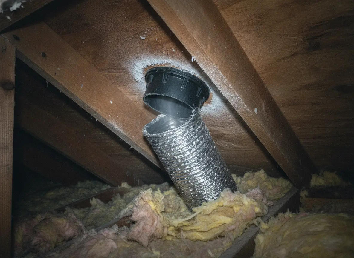 Raw photo: disconnected bath-fan duct blowing moist air into an attic