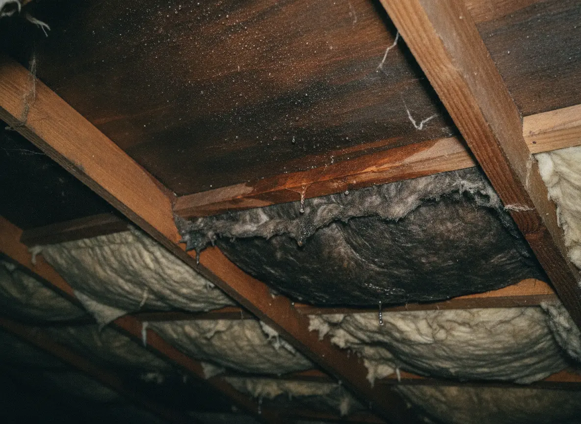 Raw photo: wet darkened sheathing with meltwater drips