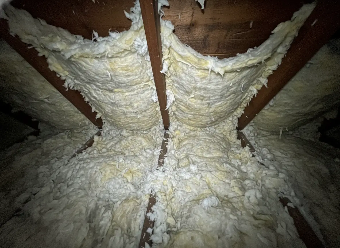 Raw photo: an eave bay stuffed solid with insulation, no air gap