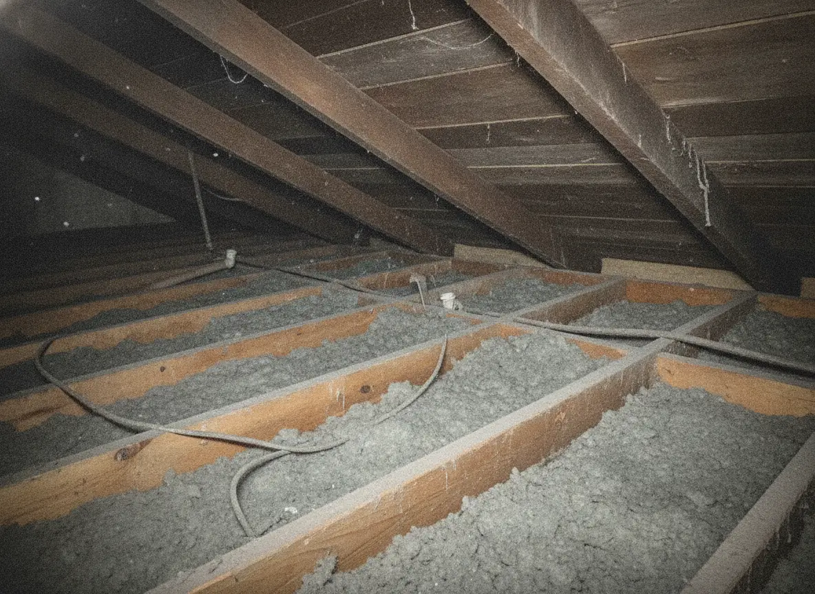 Raw inspection photo: thin settled insulation in an older attic